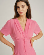 Pink V-Neck Midi Dress with Ruched Detailing and Button Accents
