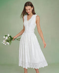 Embroidered White V-Neck Midi Dress