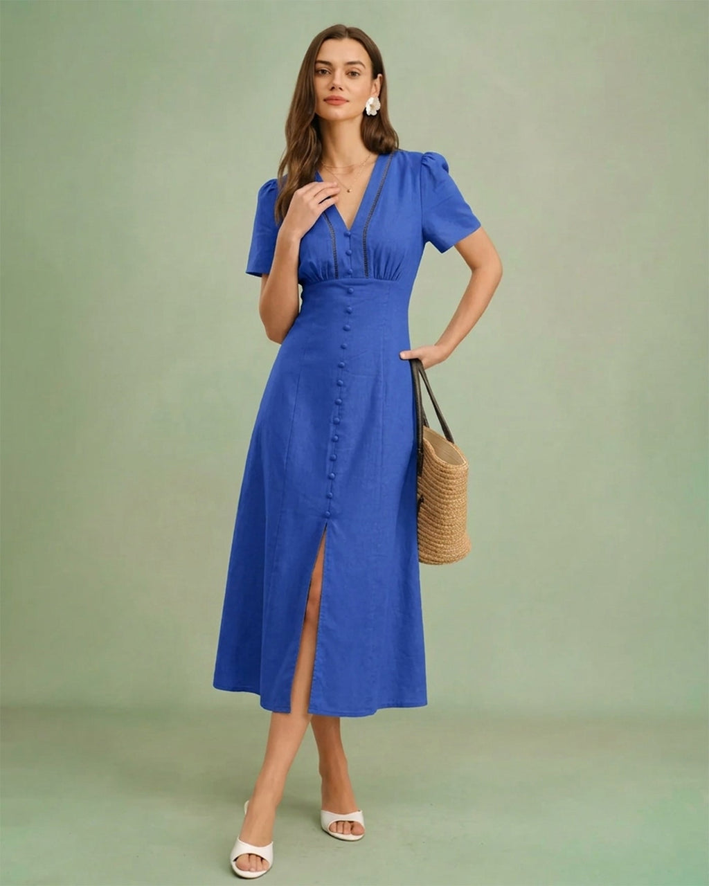 Blue A-Line Midi Dress with V-Neck and Button Details