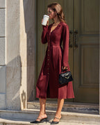 Wine Red Gathered A-Line Midi Dress