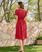 Embroidered Midi Dress with Red V-Neck
