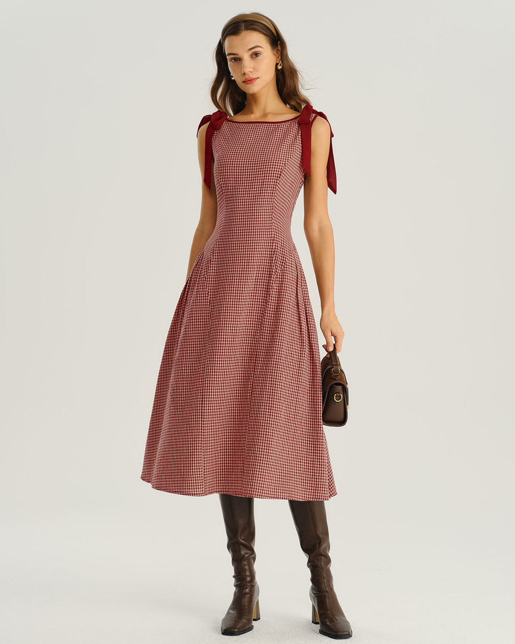 Red Gingham A-Line Midi Dress with Tie Straps