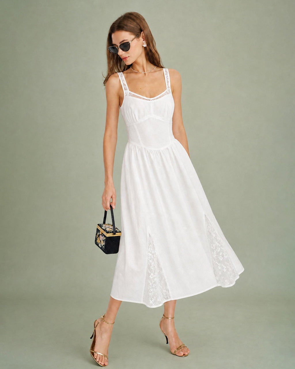 Shirred Midi Dress with White Lace Accents