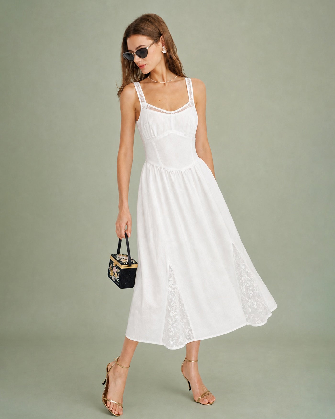 Shirred Midi Dress with White Lace Accents
