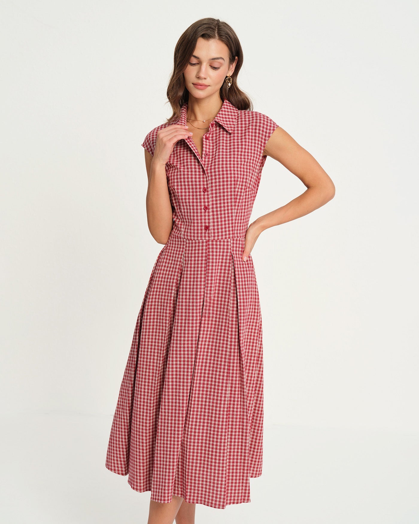 Midi Dress with Red Plaid Collar