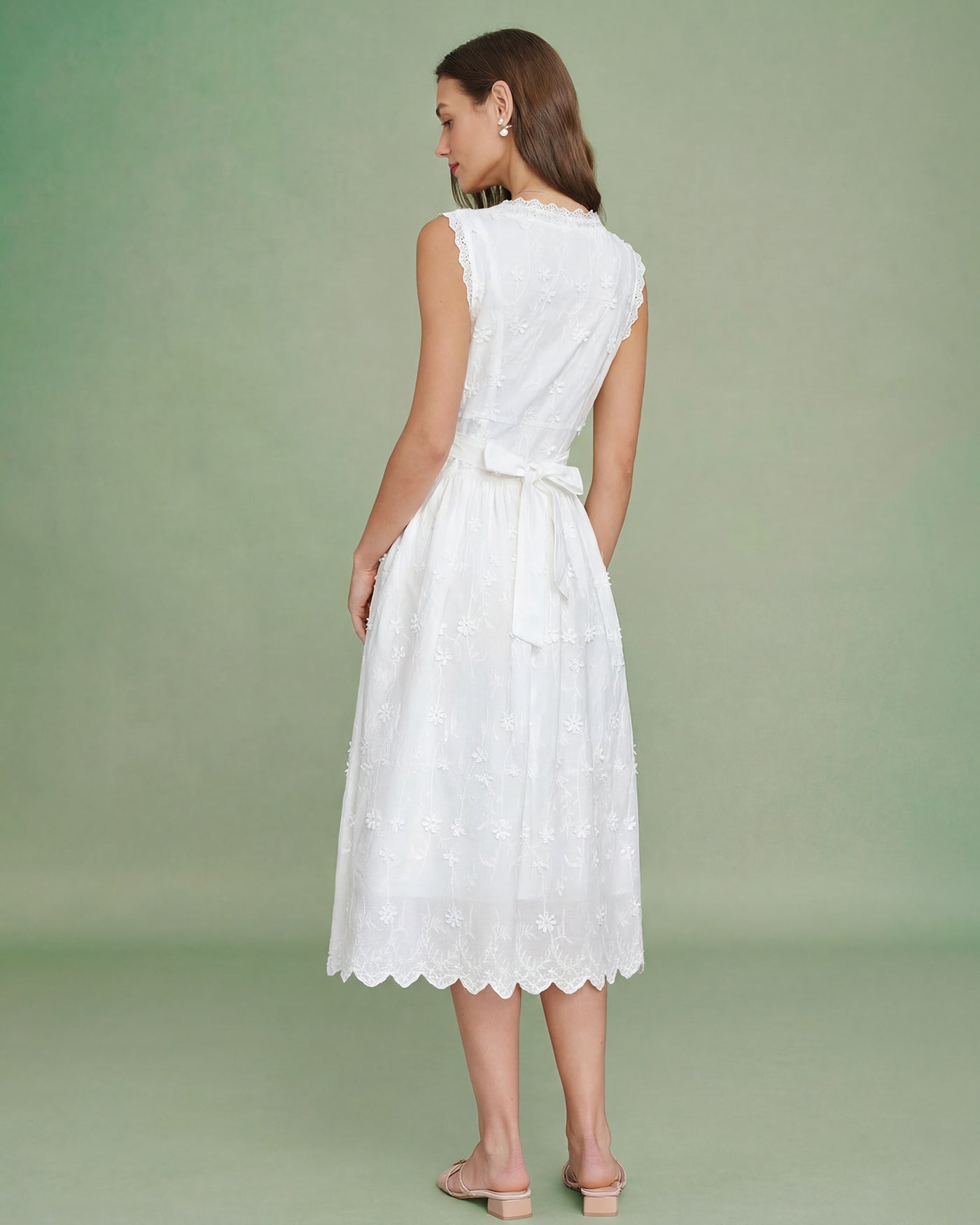 Embroidered White V-Neck Midi Dress