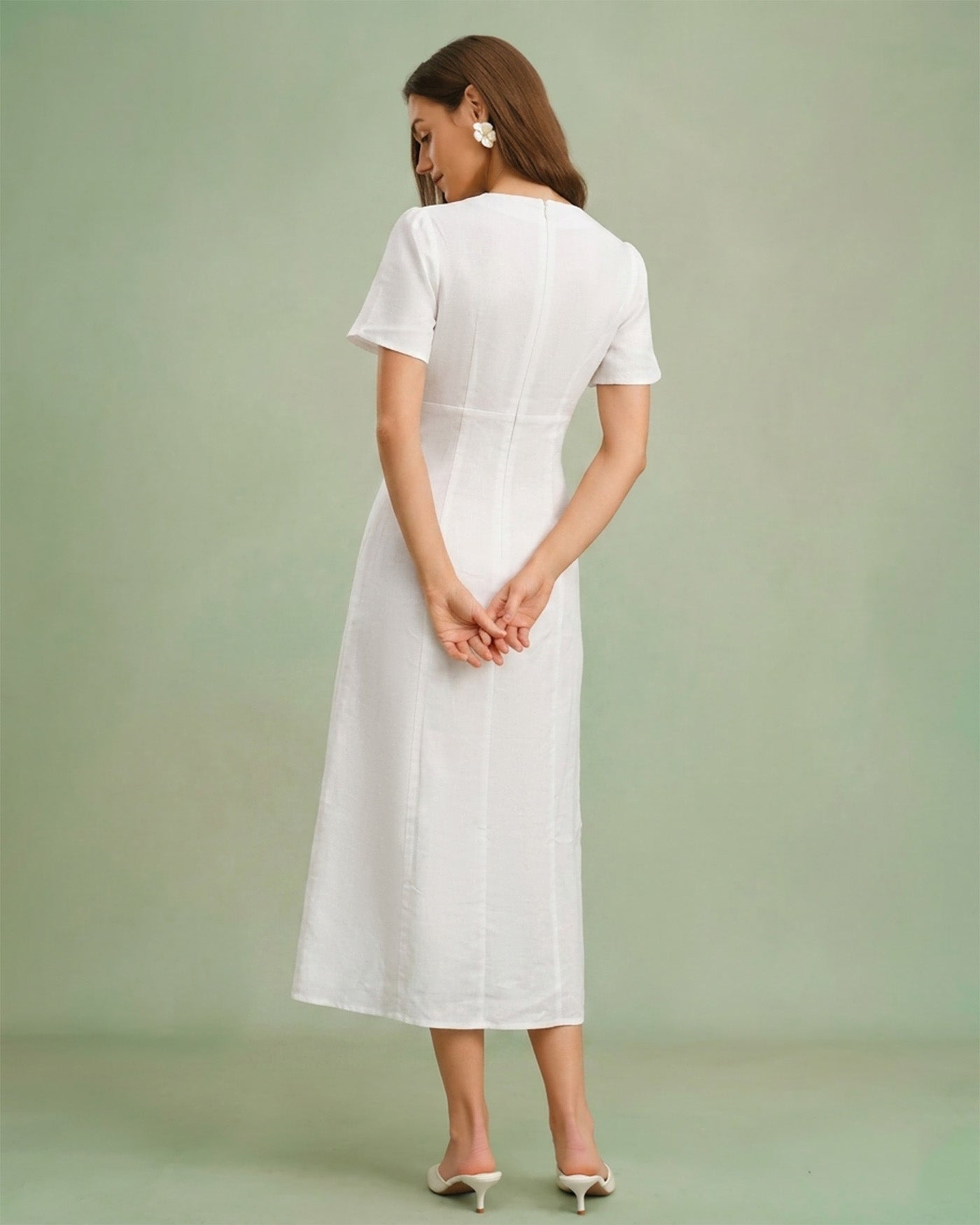 White A-Line Midi Dress with V-Neck and Button Details