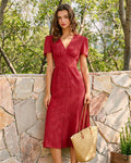 Embroidered Midi Dress with Red V-Neck