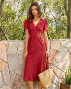 Embroidered Midi Dress with Red V-Neck
