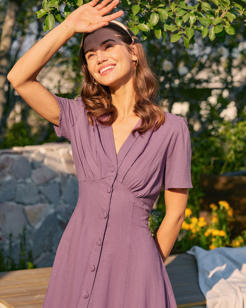 V-Neck Midi Dress in Purple with Button Details