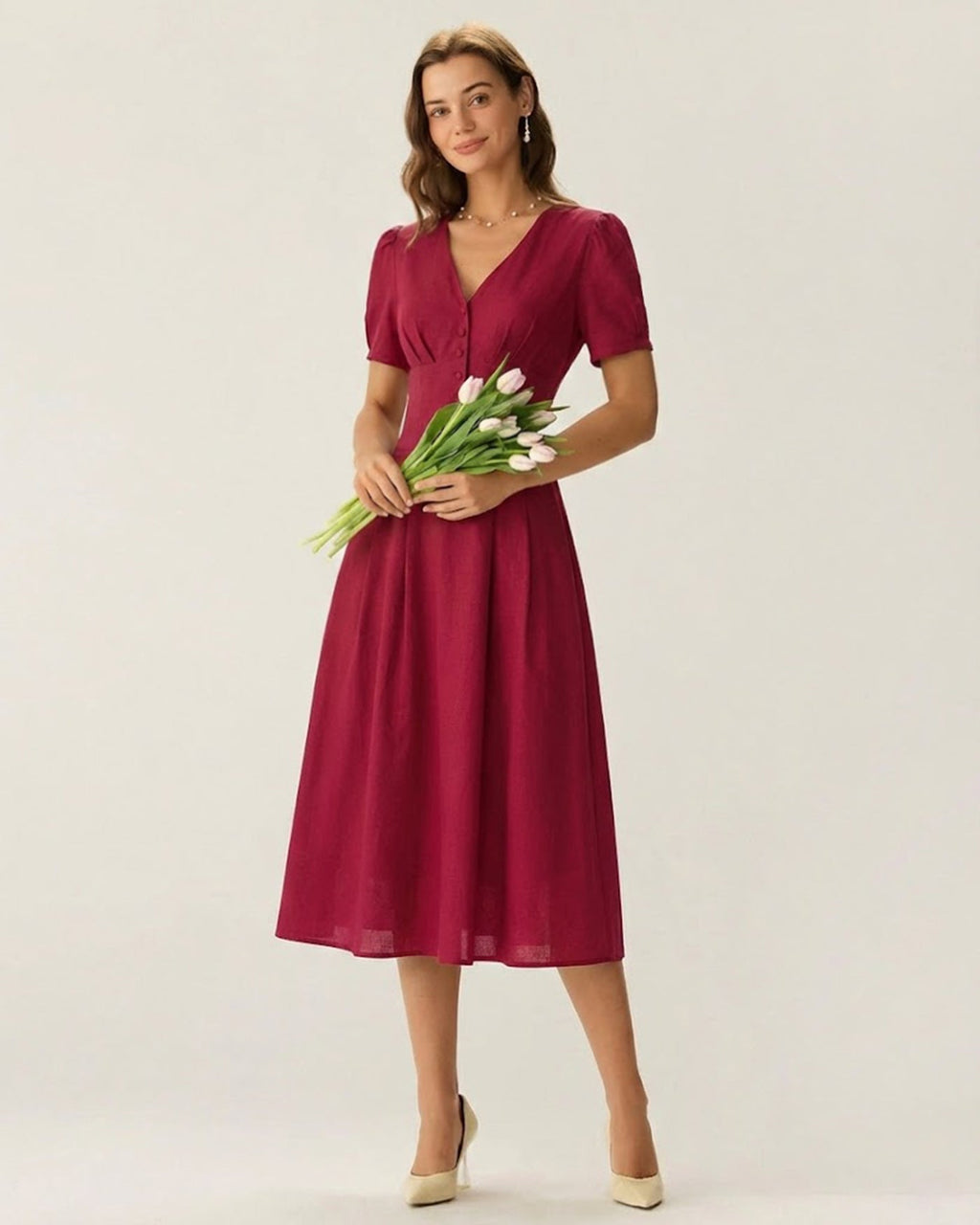 Crimson V-Neck Midi Dress