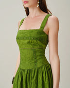 Emerald Lace Midi Dress with Square Neckline