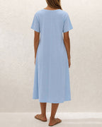 Blue V-Neck Midi Dress with Pockets