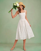 White Midi Dress with Square Neckline