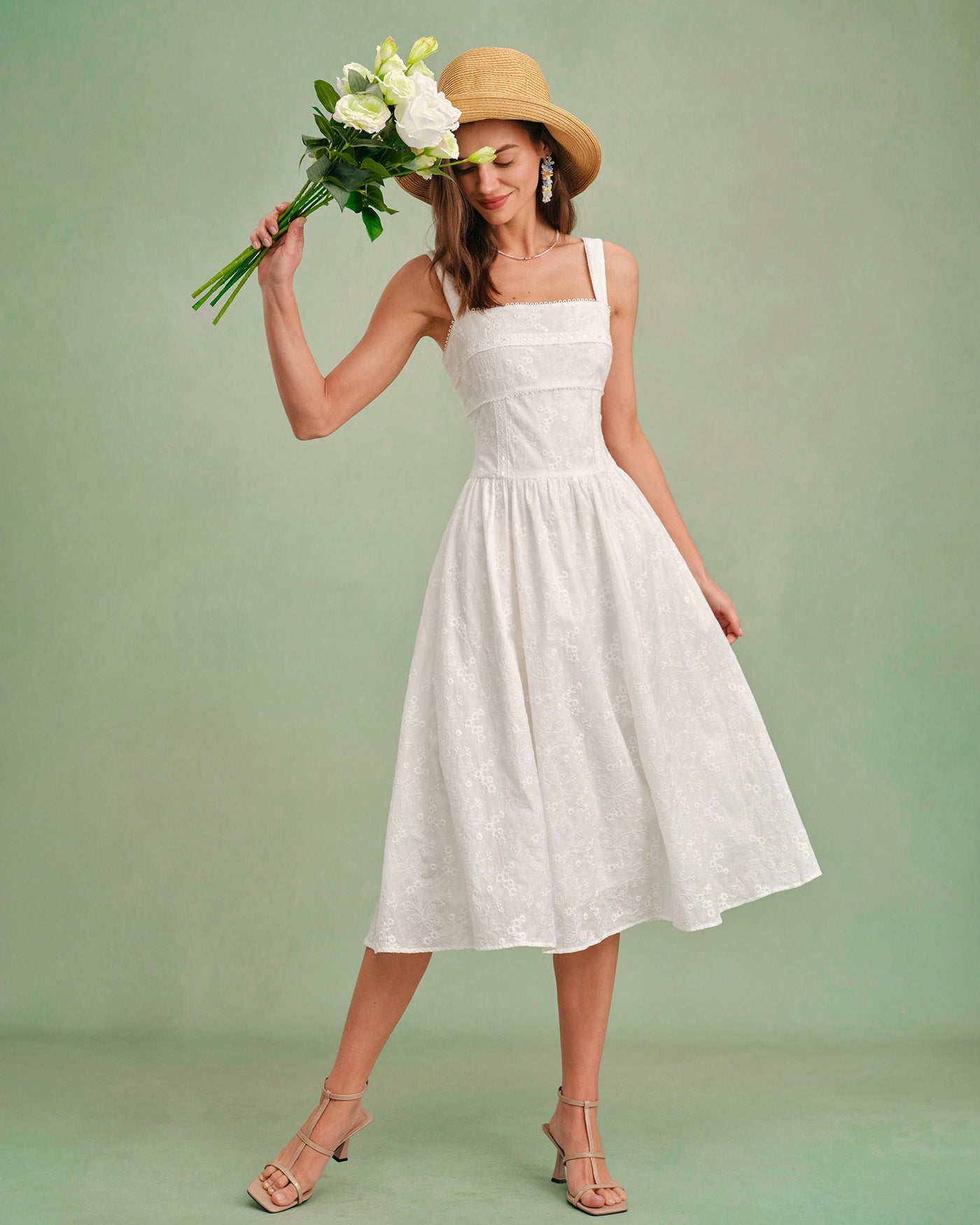 White Midi Dress with Square Neckline