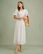 Floral Midi Dress with White Round Neck