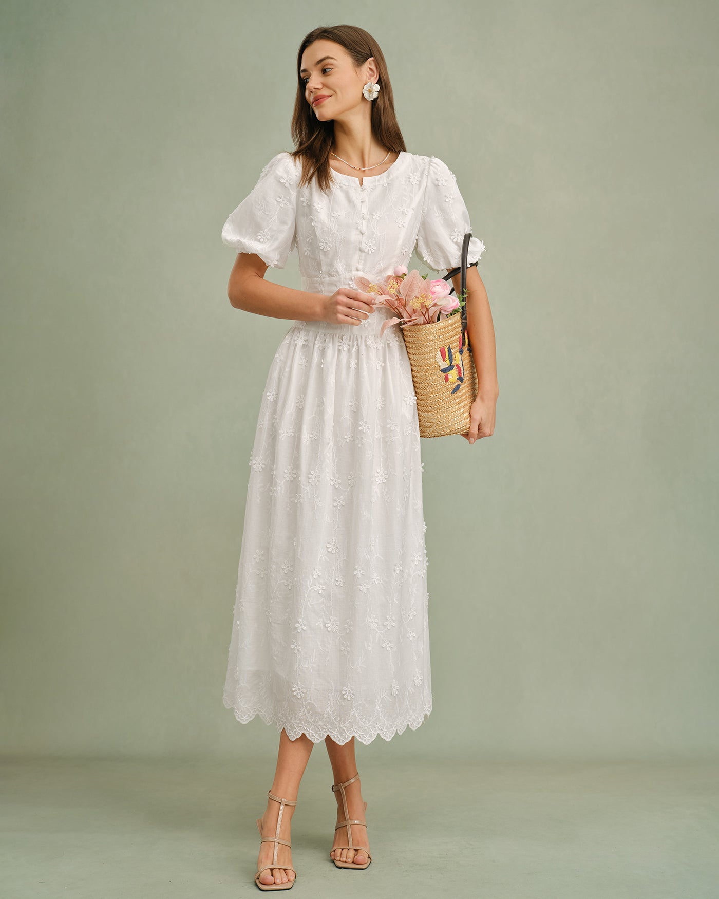 Floral Midi Dress with White Round Neck