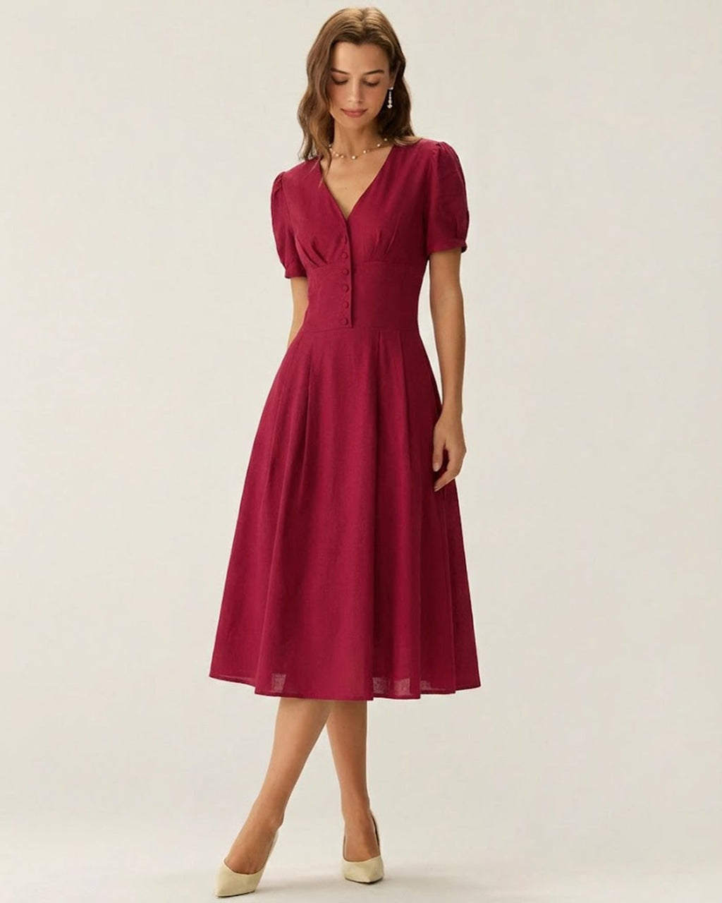 Crimson V-Neck Midi Dress