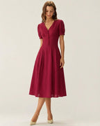 Crimson V-Neck Midi Dress