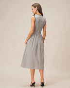 Plaid Midi Dress with Black V-Neck