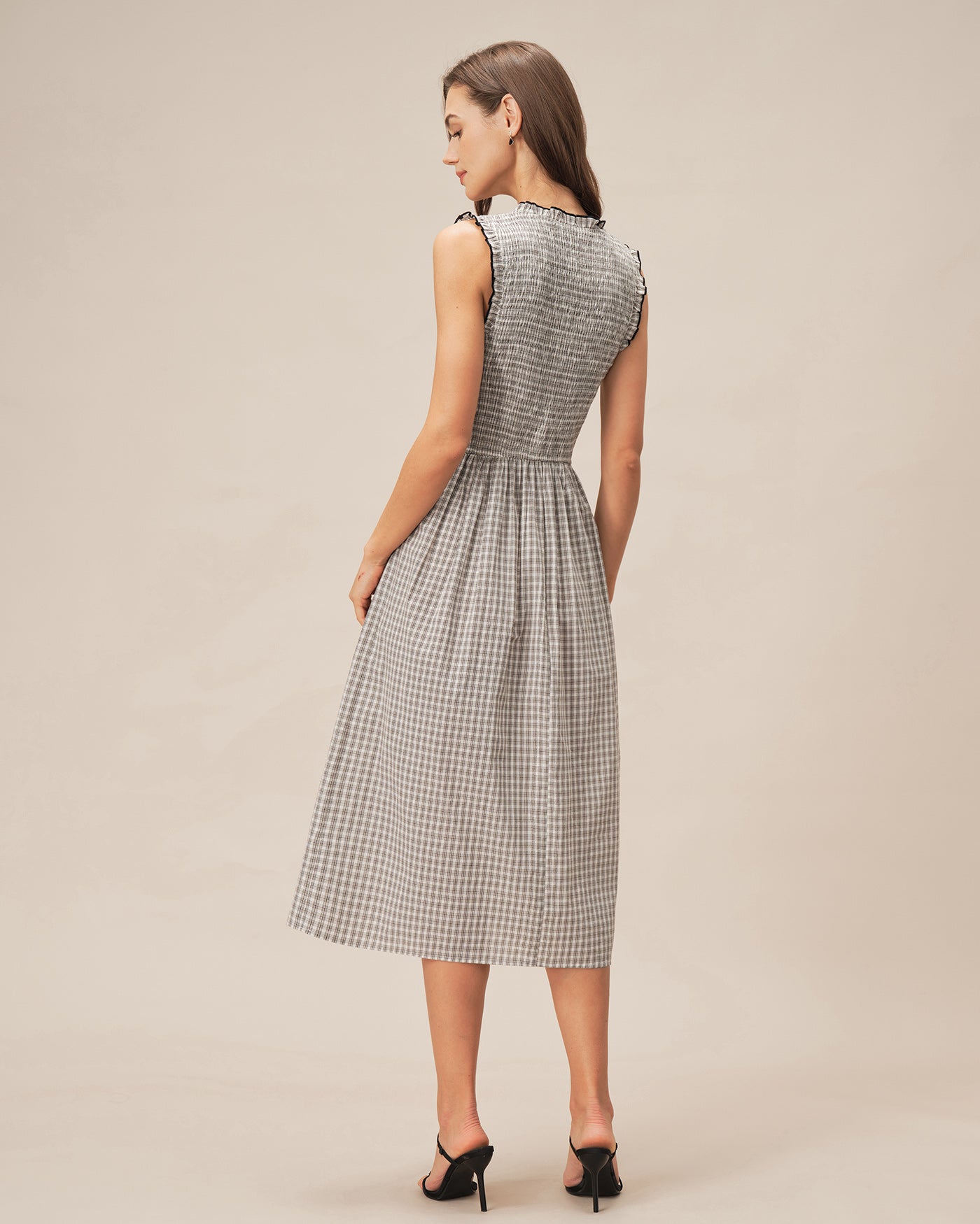 Plaid Midi Dress with Black V-Neck