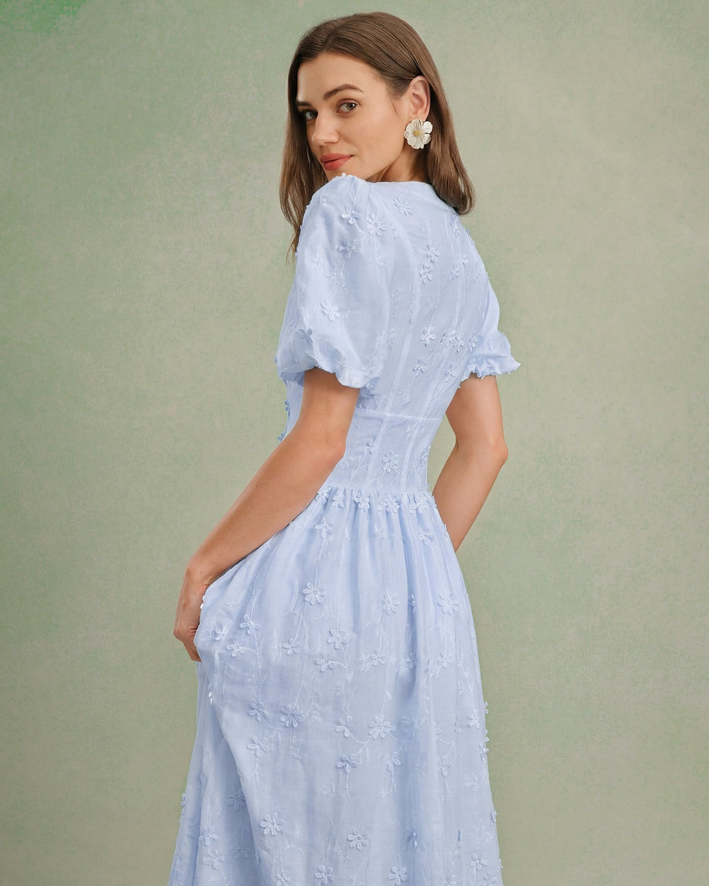 Textured Midi Dress with Blue Floral Design
