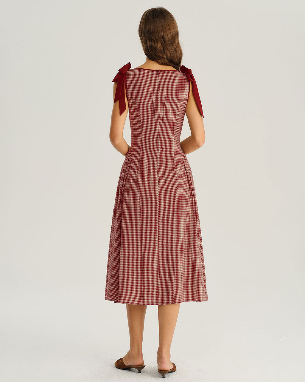 Red Gingham A-Line Midi Dress with Tie Straps