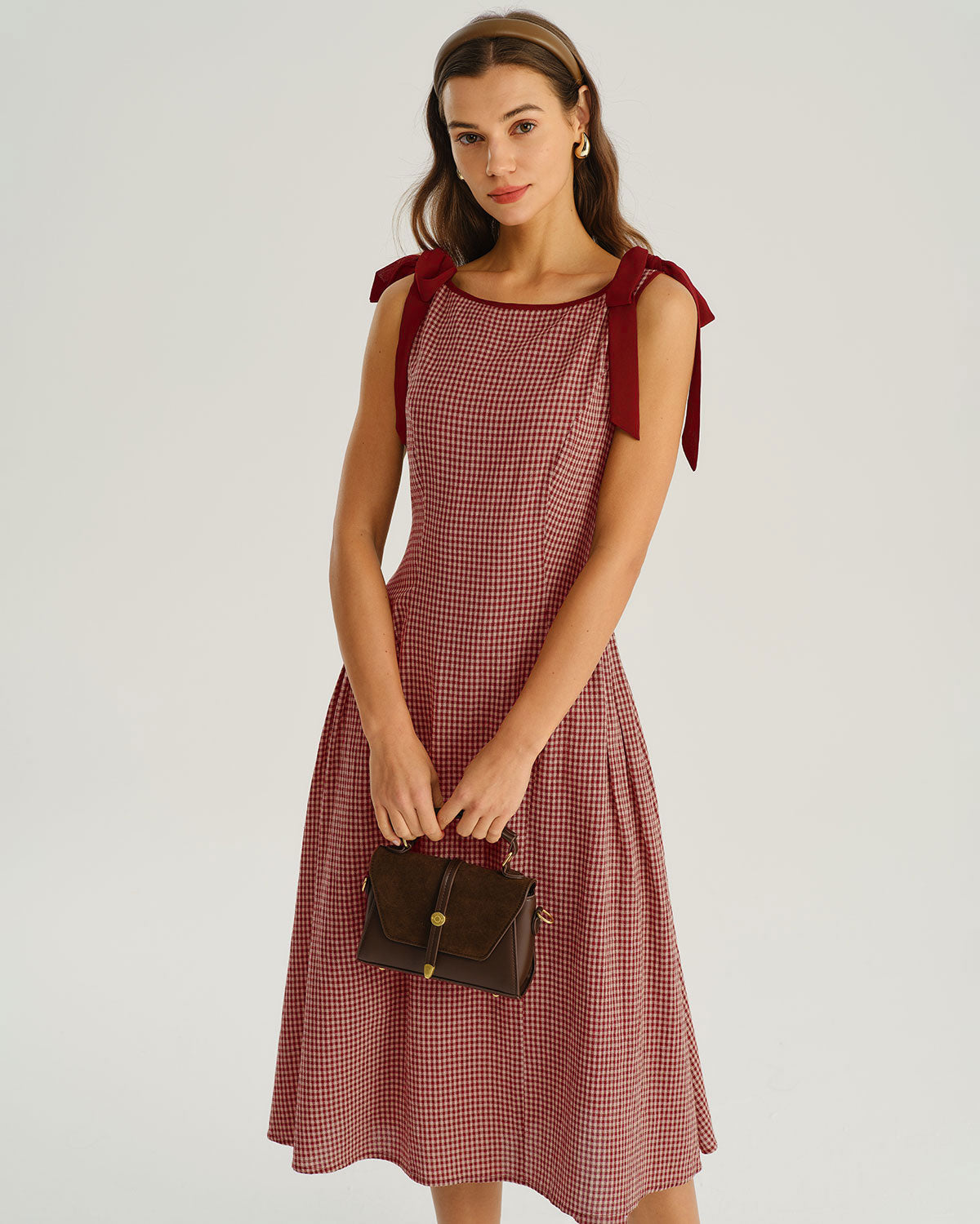 Red Gingham A-Line Midi Dress with Tie Straps
