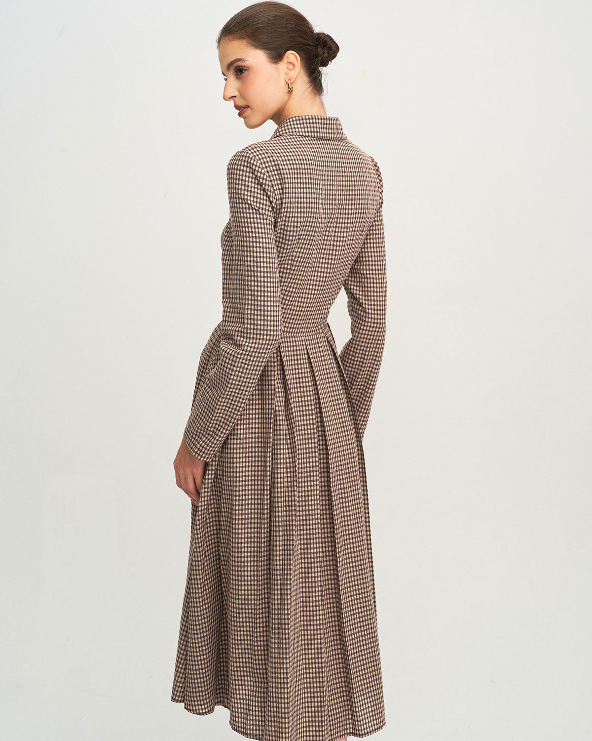 Brown Checkered A-Line Midi Dress