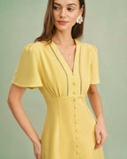 Yellow V-Neck Midi Dress with Buttons