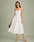 Shirred Midi Dress with White Lace Accents
