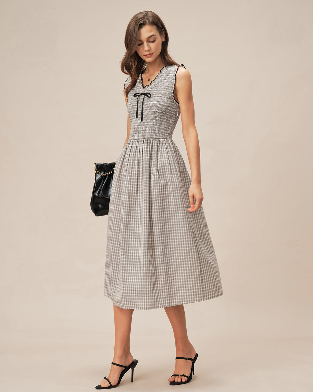 Plaid Midi Dress with Black V-Neck