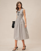 Plaid Midi Dress with Black V-Neck