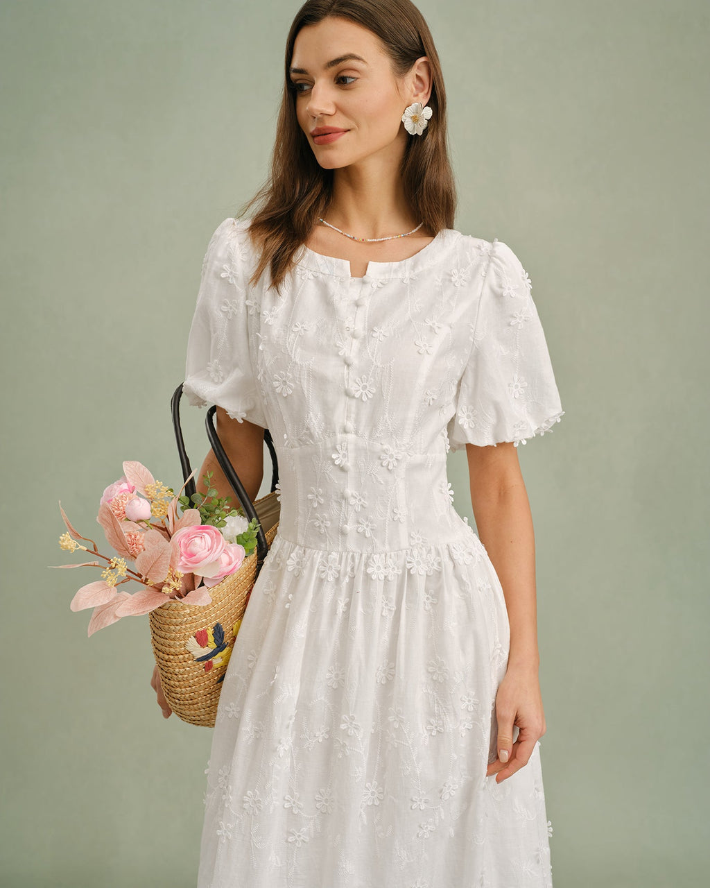 Floral Midi Dress with White Round Neck