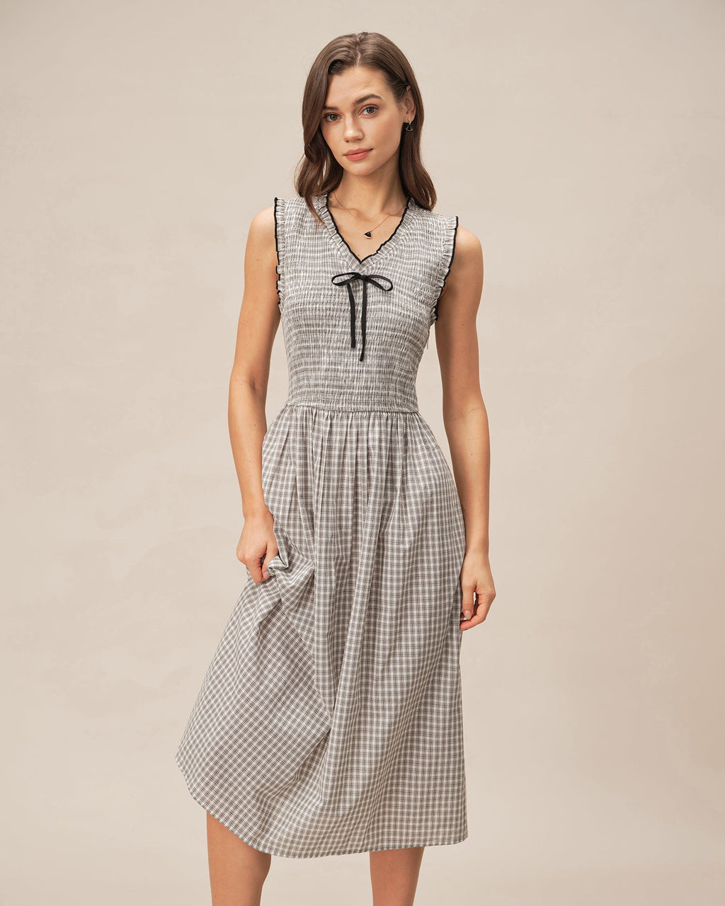 Plaid Midi Dress with Black V-Neck