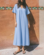 Blue V-Neck Midi Dress with Pockets