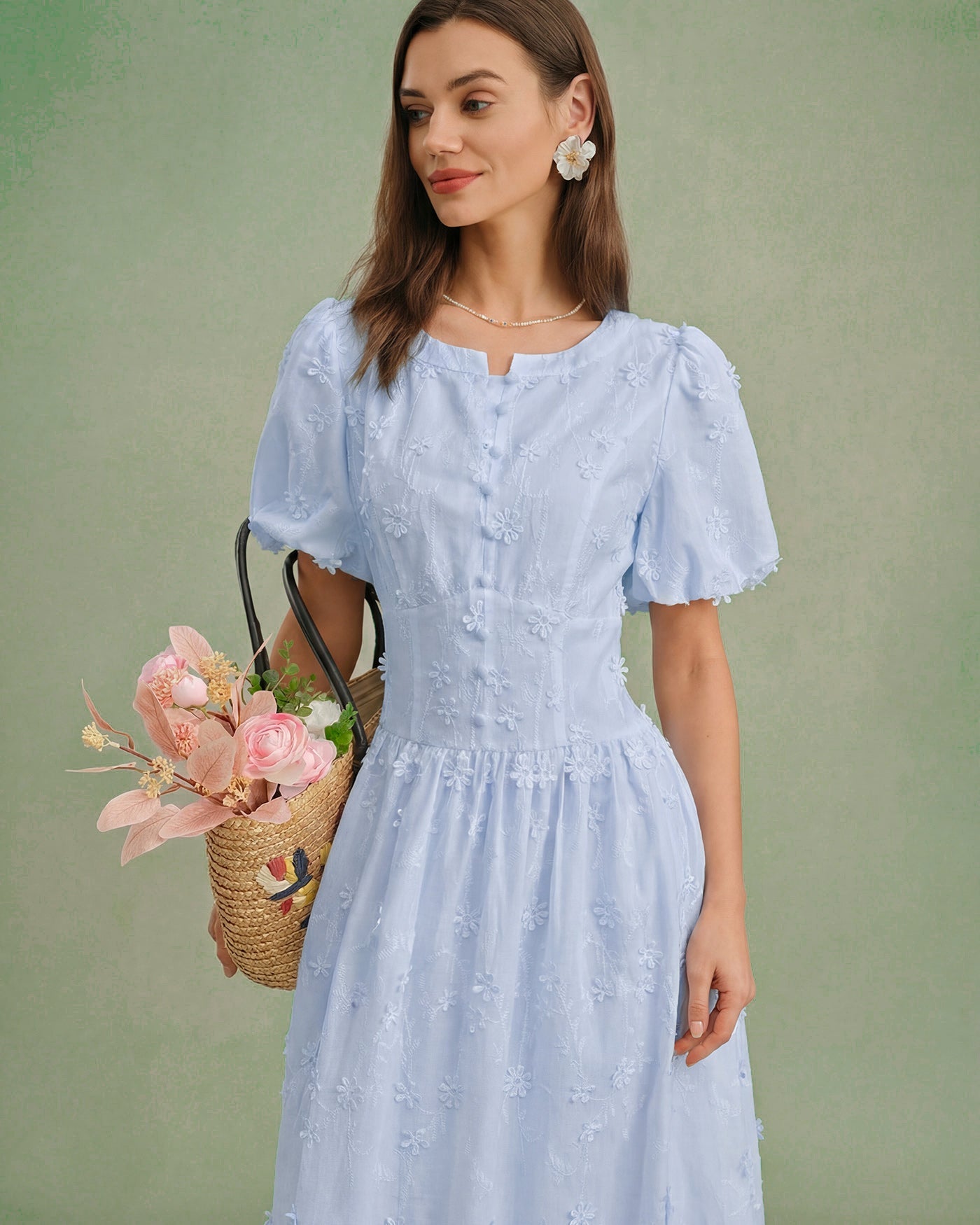 Textured Midi Dress with Blue Floral Design