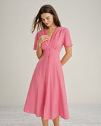 Pink V-Neck Midi Dress with Ruched Detailing and Button Accents