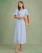 Textured Midi Dress with Blue Floral Design