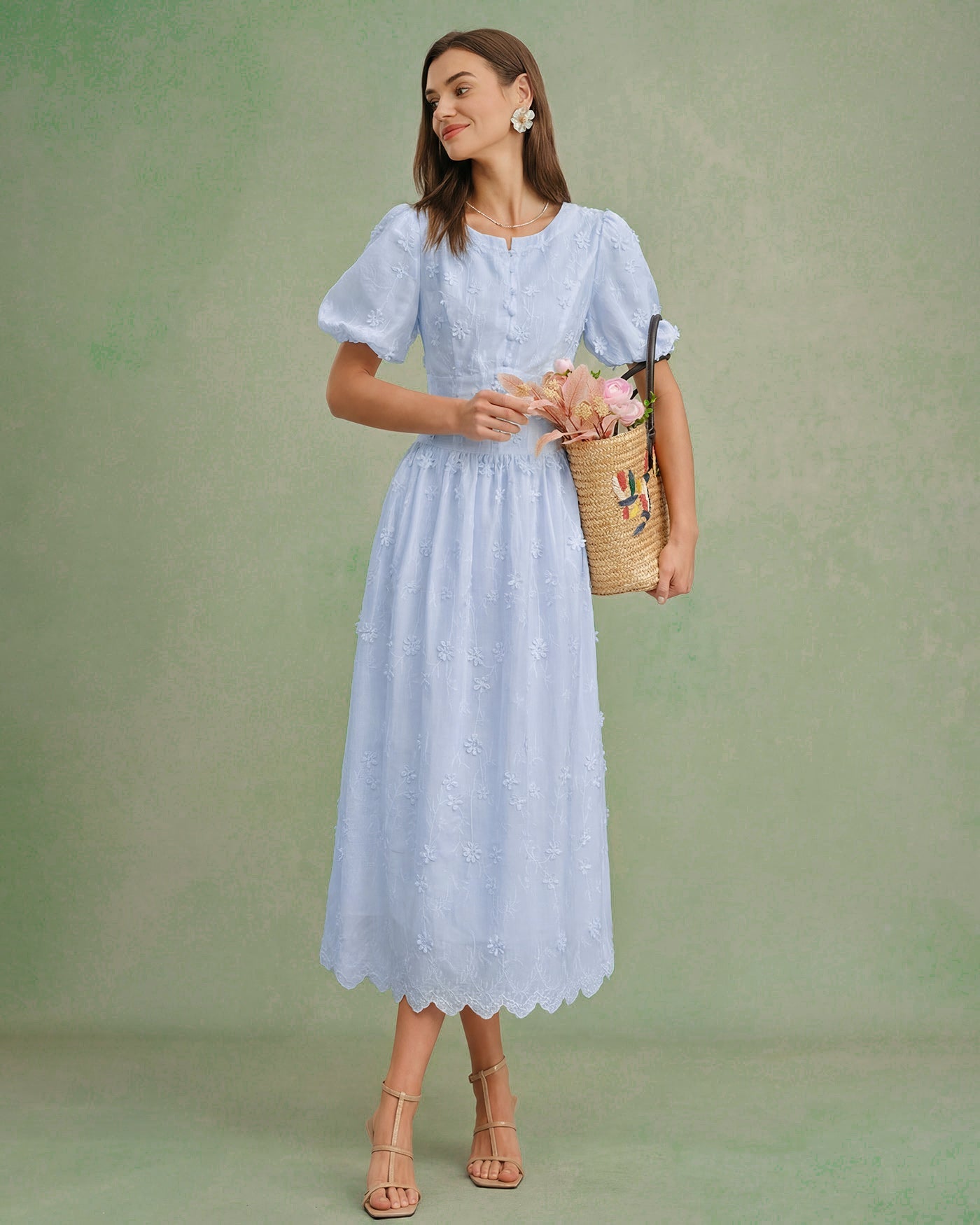 Textured Midi Dress with Blue Floral Design