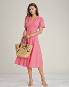 Pink V-Neck Midi Dress with Ruched Detailing and Button Accents