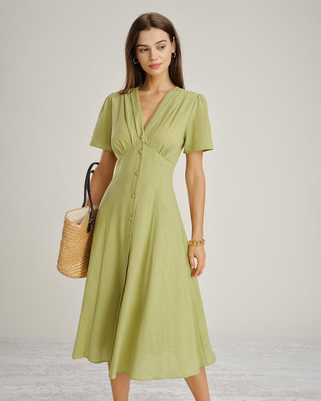 Green V-Neck A-Line Midi Dress with Buttons