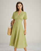 Green V-Neck A-Line Midi Dress with Buttons