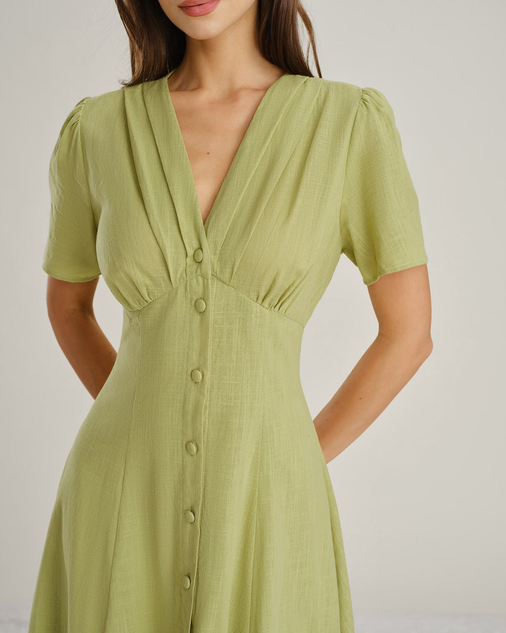 Green V-Neck A-Line Midi Dress with Buttons