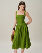 Emerald Lace Midi Dress with Square Neckline
