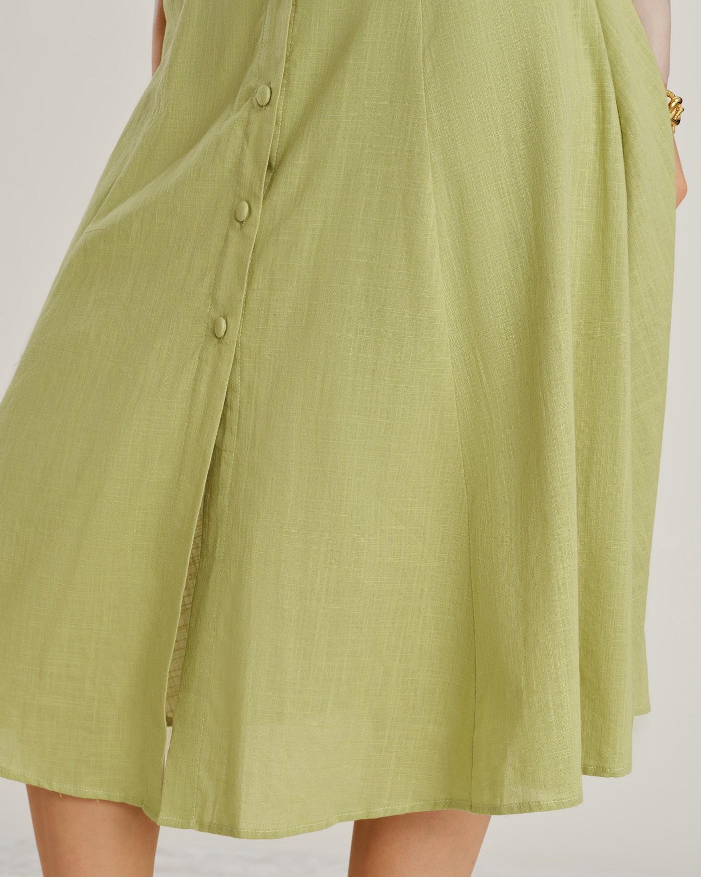 Green V-Neck A-Line Midi Dress with Buttons