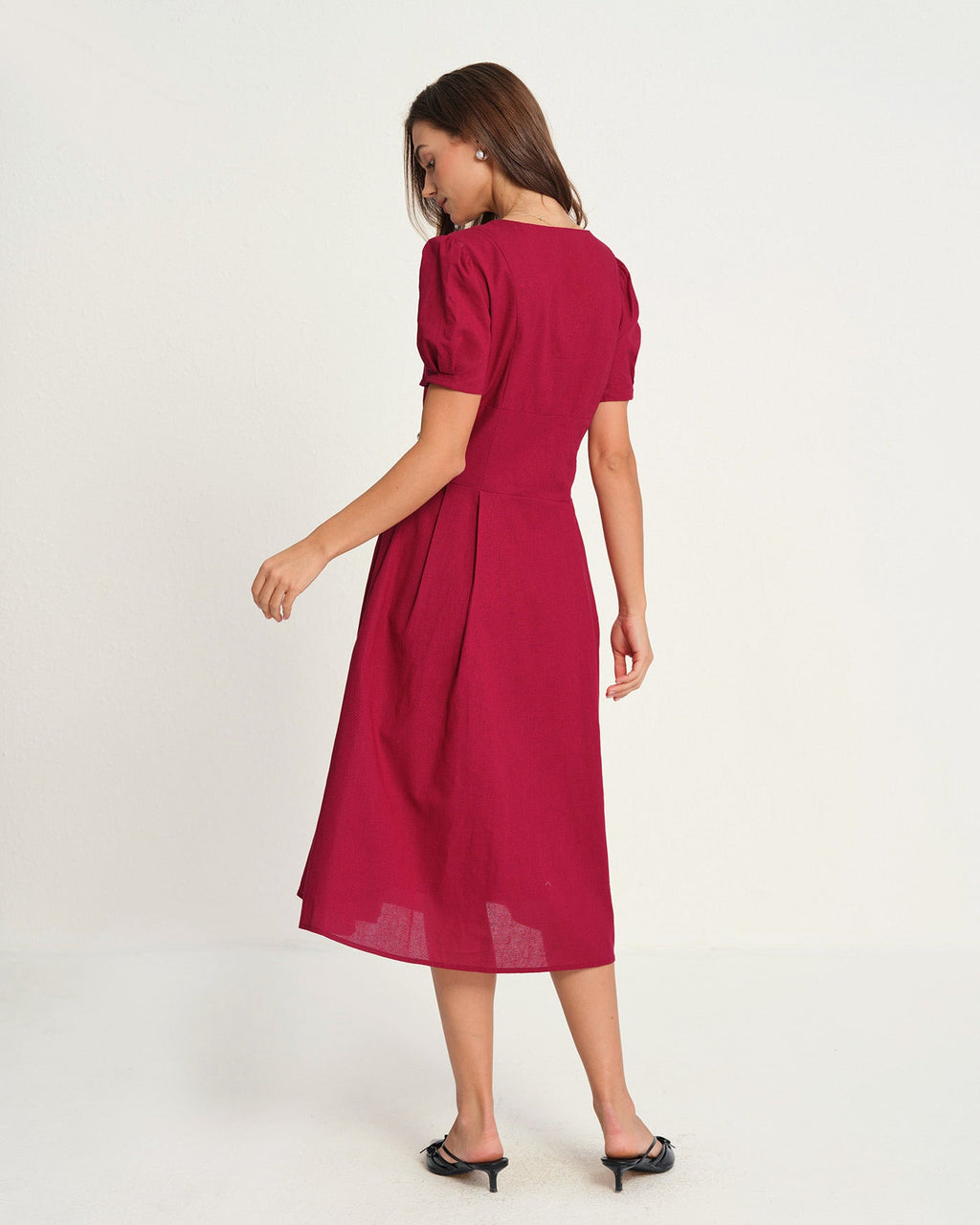 Crimson V-Neck Midi Dress