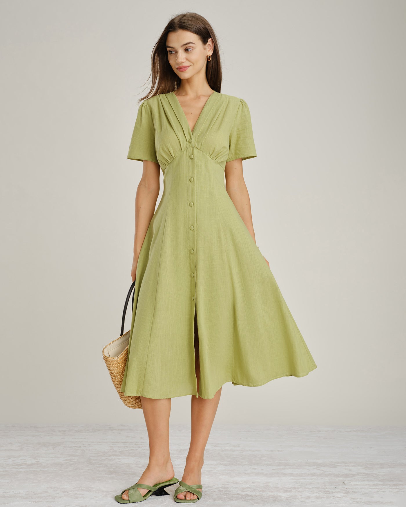 Green V-Neck A-Line Midi Dress with Buttons