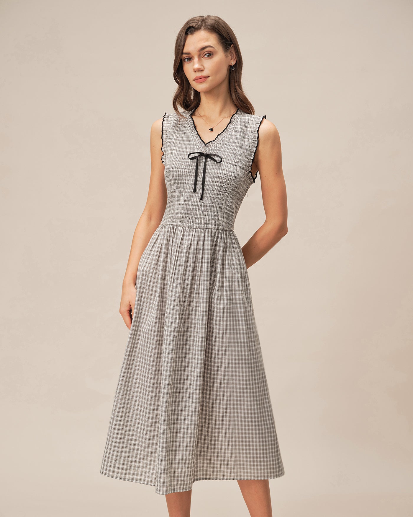Plaid Midi Dress with Black V-Neck
