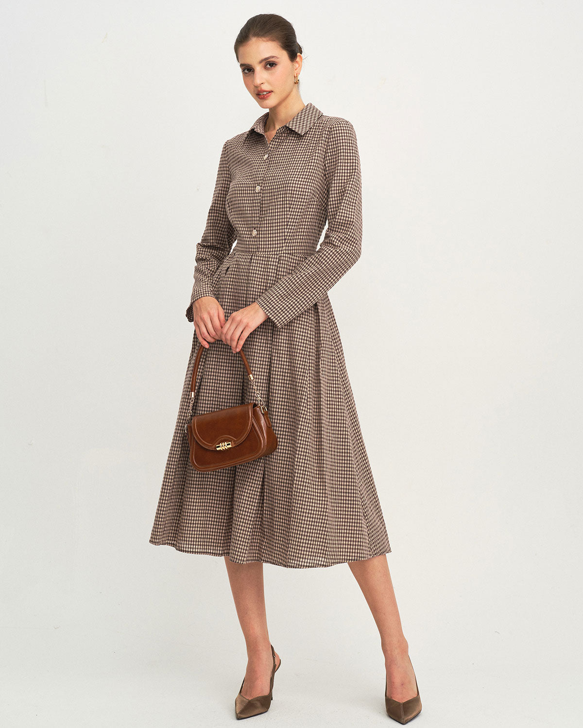 Brown Checkered A-Line Midi Dress